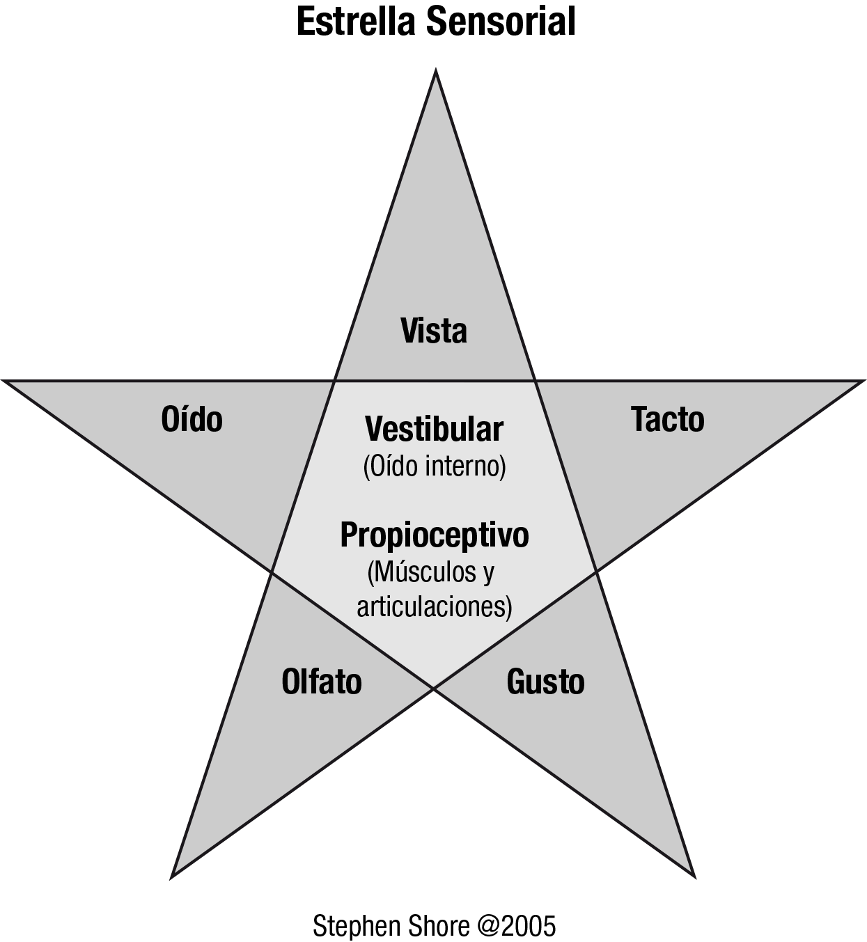 Estrella sensorial de Stephen Shore, 2005: vista, oído, tacto, olfato, gusto y sistemas vestibular y propioceptivo.